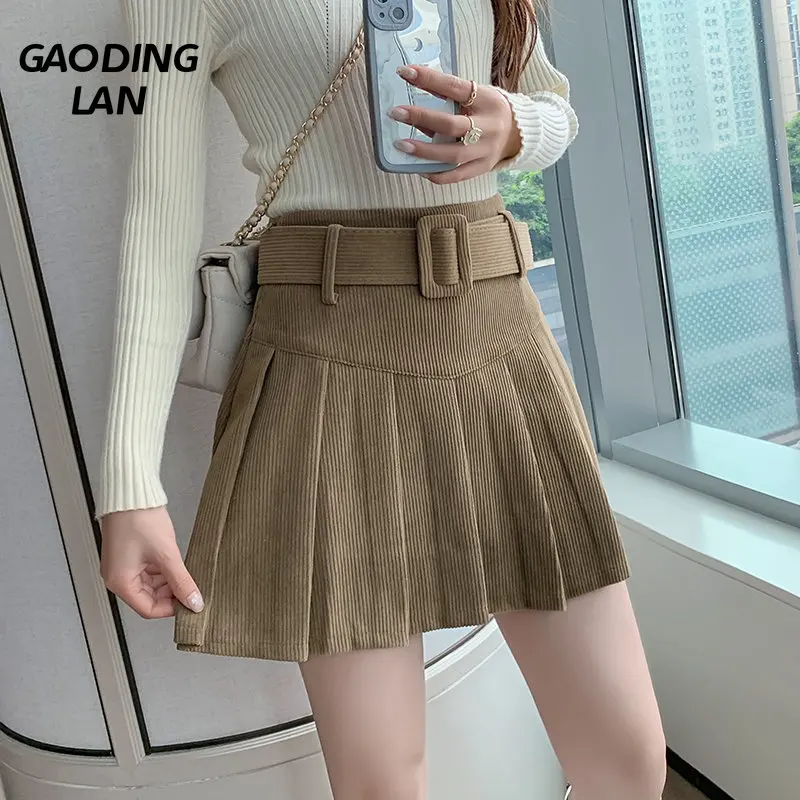 

GAODINGLAN Autumn Winter Women Solid Color High Waist Pleated Skirt Y2k with Belt A Line Slim Fit Flannelette Sexy Mini Skirts