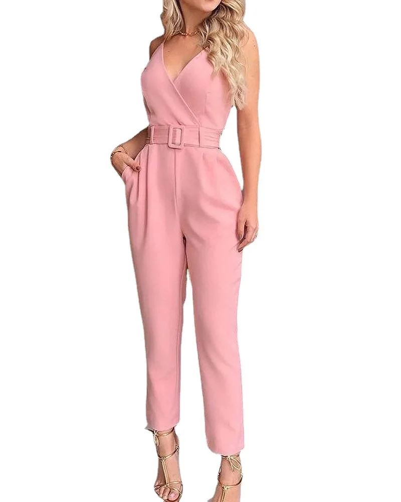 

Jump Suit Summer 2022 Sexy V-neck Sleeveless One Piece Outfit Pencil Pants Belt Evening Party Overalls for Women Pink Jumpsuits