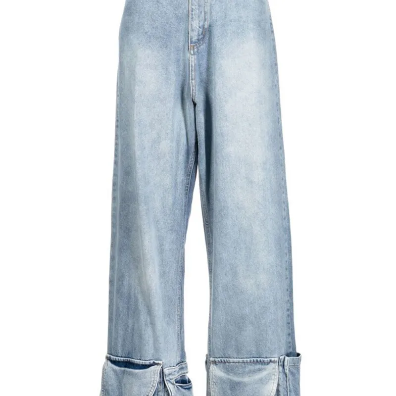 

Женские джинсы-карго с высокой талией и широкими штанинами, состаренные потертые синие прямые длинные брюки-трубы с карманами, женские повседневные универсальные 2023