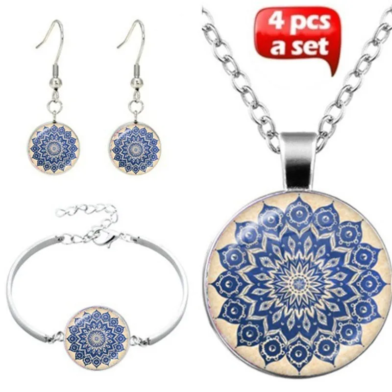 

LE Om India Yoga Mandala Glass Cabochon Pendant Necklace Bracelet Bangle Earrings Jewelry Set 4Pcs Women's Gift