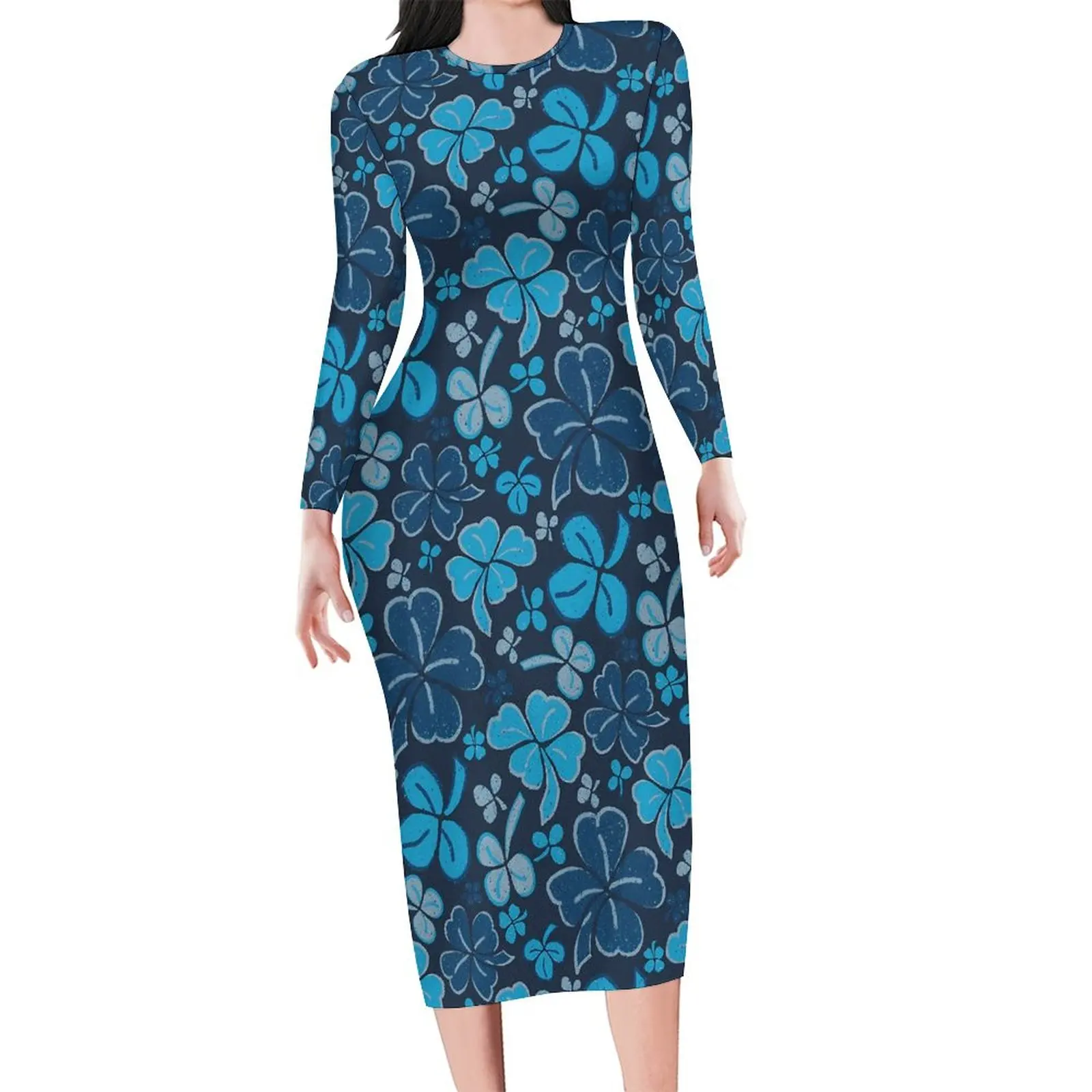 

St Patricks Day Dress Womens Blue Shamrock Print Aesthetic Bodycon Dress Summer Long Sleeve Night Club Dresses Oversize Vestidos
