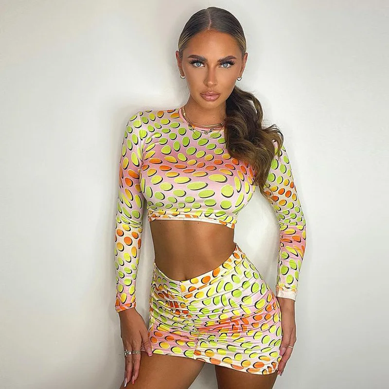 

Cutistation Dot Print Sexy Cropped Top Skirt 2 Piece Sets Women Y2k Aesthetics Bodycon Mini Dresses Yellow Orange Party Outfits