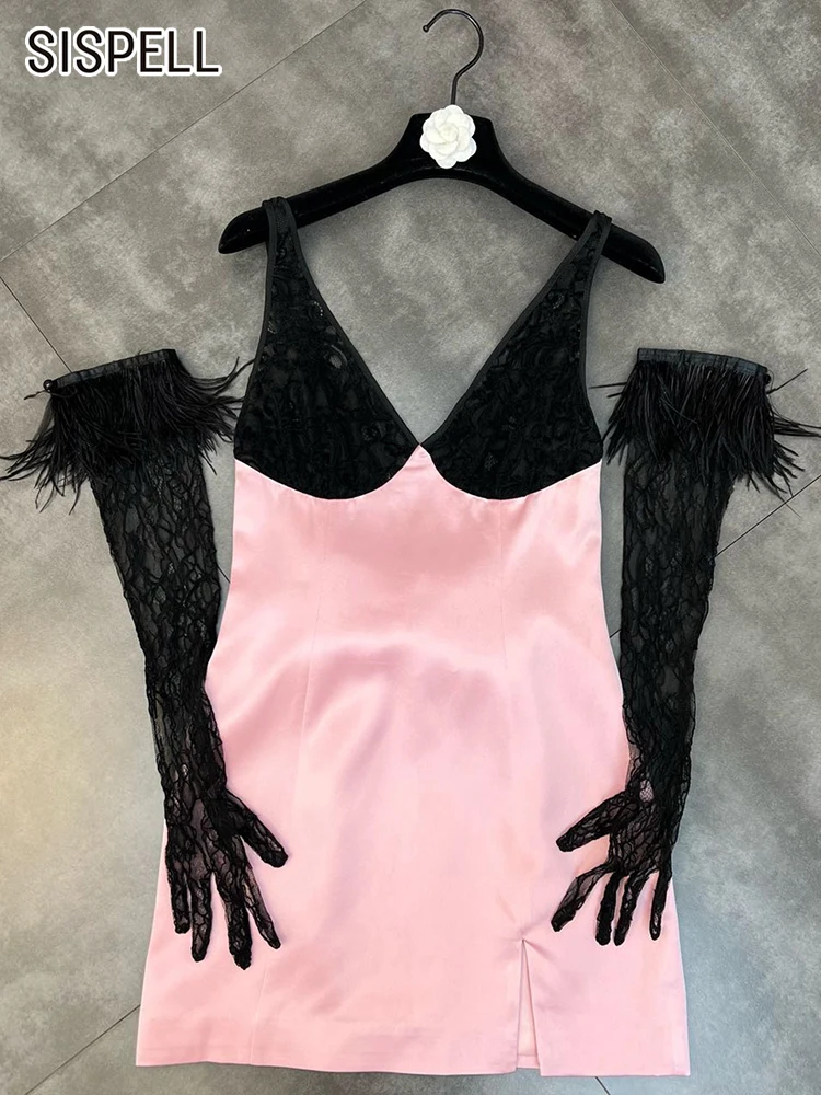

SISPELL Sexy Sling Dresses For Women V Neck Sleeveless High Waist Lace Patchwork Embroidery Slim Dress Females 2022 Fashion New