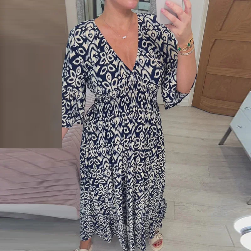 

Women Elegant V-neck High Waist Pleated Commuter Dress Casual Geometric Pattern Printed Bohemian Long Dress 2023 New Loose Dress