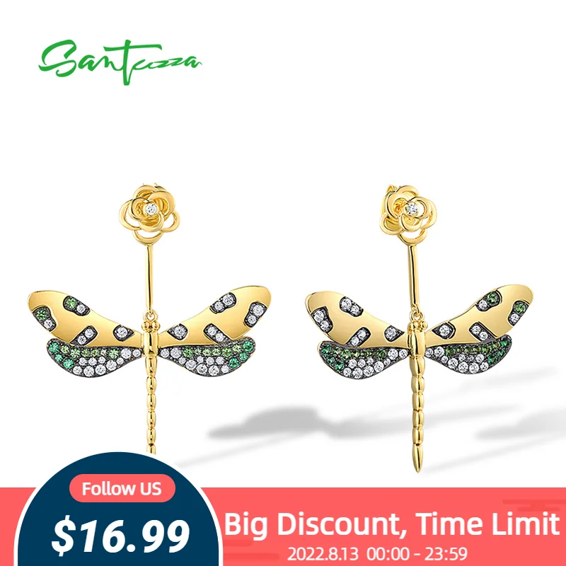 

Only 16.99USD on Aug.13 SANTUZZA 925 Sterling Silver Earrings For Women Green Spinel White CZ Dragonfly Earrings Fine Jewelry