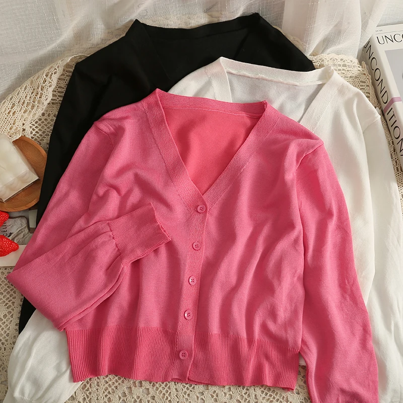 

Hikigawa Chic Fashion Autumn 2022 Thin Loose Slim Fit Single Breasted Knitted Cargidan Deep V Neck Long Sleeve Women Tops Mujer