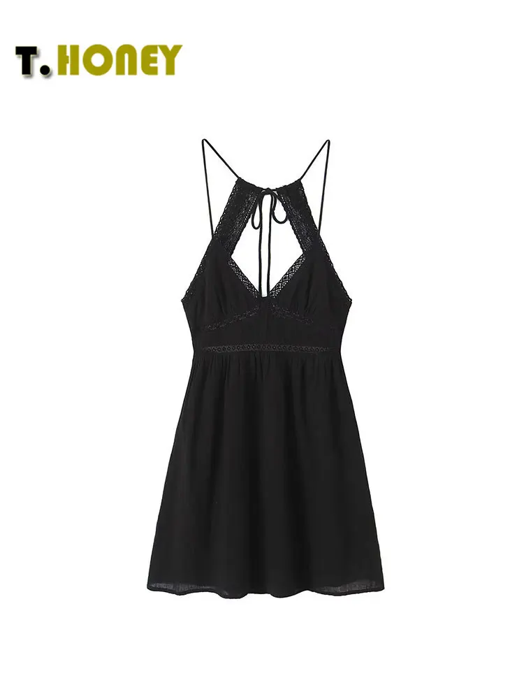 

TELLHONEY Women Fashion V-Neck Backless Backless Lace Up Dress Female Casual Sleeveless High Waist A Line Pleats Mini Dresses