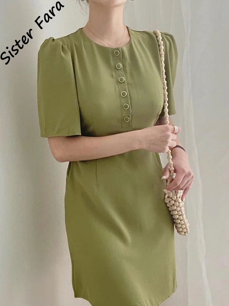 

Sister Fara O-Neck Straight Elegant Dresses for Women's Summer High Waist Single-breasted Slim Dress Female Pullover Mini Dress