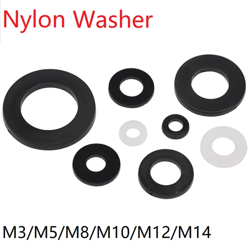 

50pcs Nylon Washer M3 M5 M8 M10 M12 M14 Plastic Seals Spacer Plated Flat PA66 Insulation Plain Round O Ring Gasket White Black
