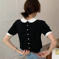 knitted short sleeved womens summer color blocked back single breasted design slimming elastic short sleeved knitted sweater
