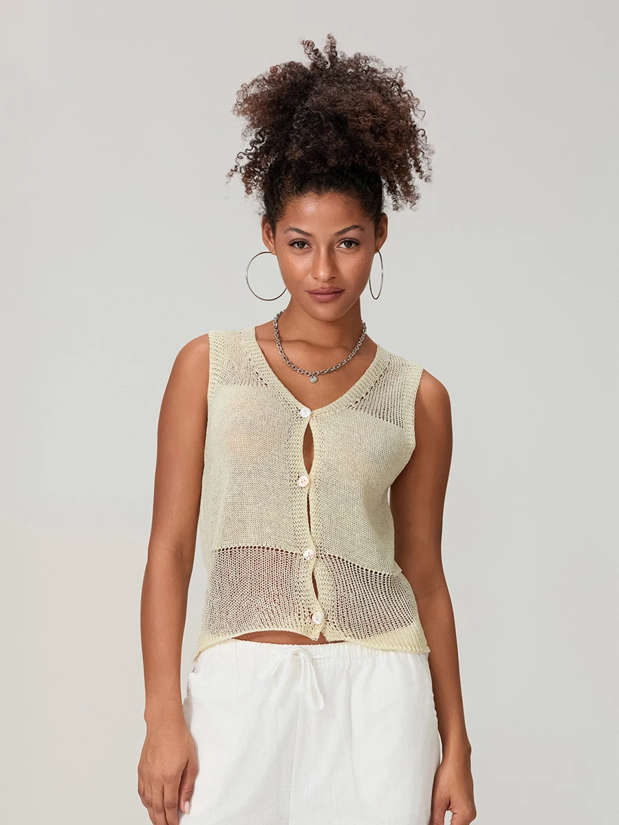 Women s Knitted Tank Tops Hollow Eyelet Sleeveless V-Neck Single-Breasted Open-Stitch Sweaters Cardigan