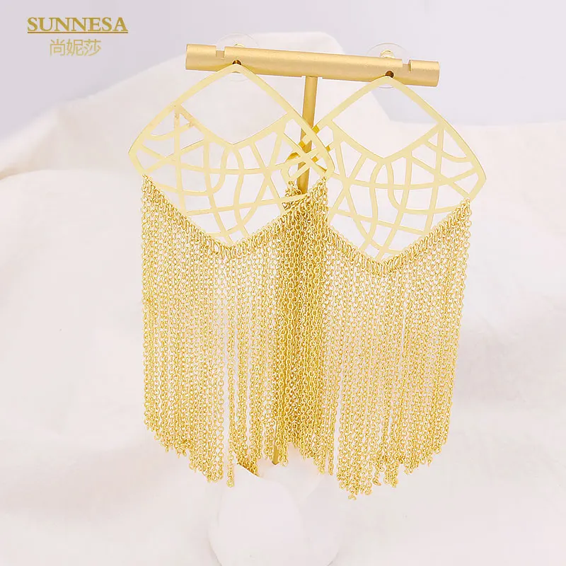 

SUNNESA 18k Gold Plated Dangle Earrings For Women Geometric Mesh Long Tassel Drop Earring Party Jewelry Accessory Gifts