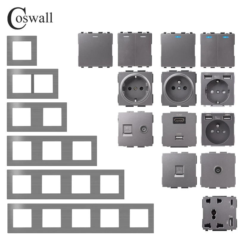 COSWALL L1 Series Grey Brushed Aluminum Panel Gray Wall Swit