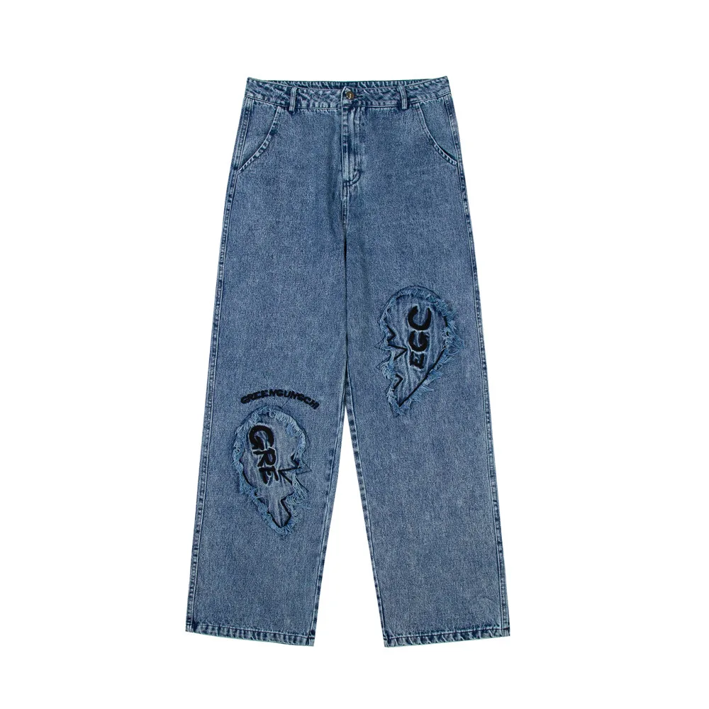 

2022 2022 стильные мужские мешковатые джинсы в стиле ретро с вышивкой нашивкой, брюки в стиле хип-хоп, прямые широкие хлопковые брюки в стиле Kpop