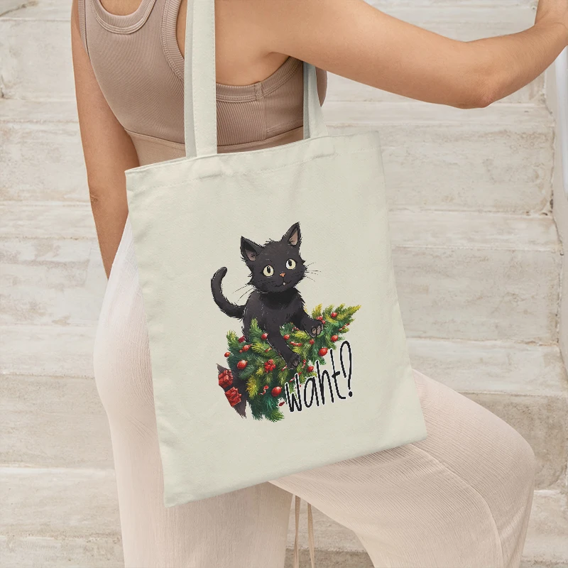 Забавная рождественская женская сумка на плечо с котом парусиновая большая