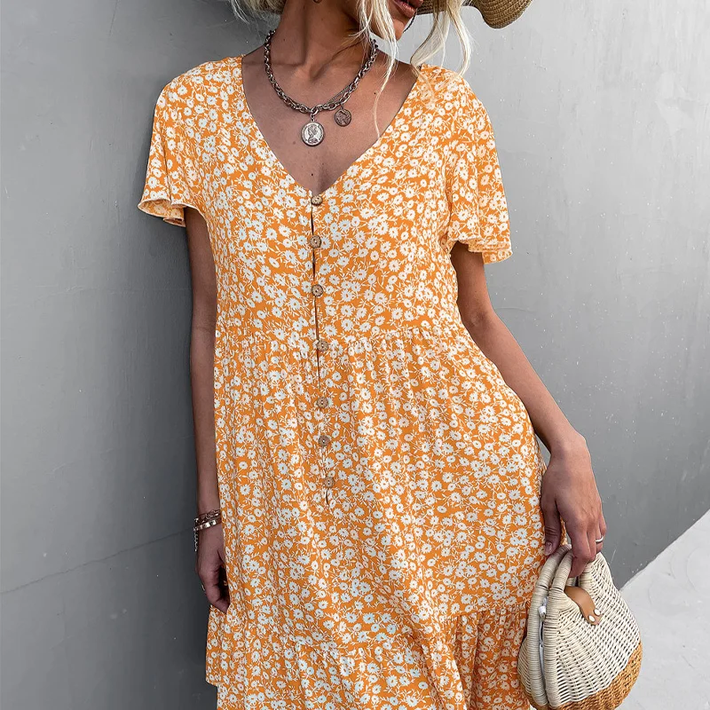 

Мини-платье женское с цветочным принтом, V-образным вырезом и коротким рукавом