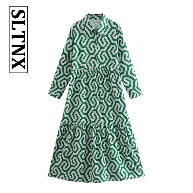 

SLTNX Geometric Print Tunic Loose Midi Dress Casual Turn-down Collar Long Sleeve Vintage Dresses Summer Vestiods Women 2022