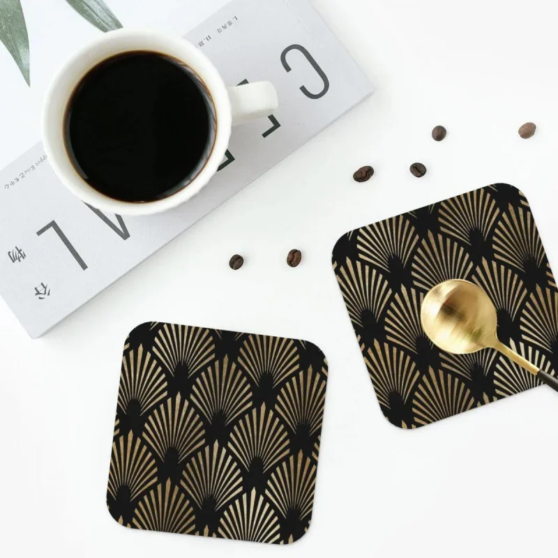 

Art Deco Design Luxury Fans Coasters Leather Placemats Non-slip Insulation Coffee Mats Home Kitchen Dining Pads Set of 4