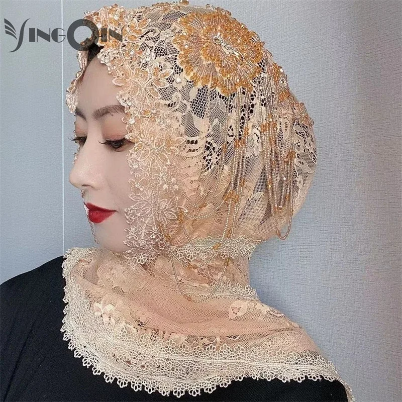 Muslim Women Headscarf Freeshipping Shawl Lace Chiffon Hollowed Summer Scarf Hijab Hat Prayer Kufi Islam Saudi Arabia Headwraps
