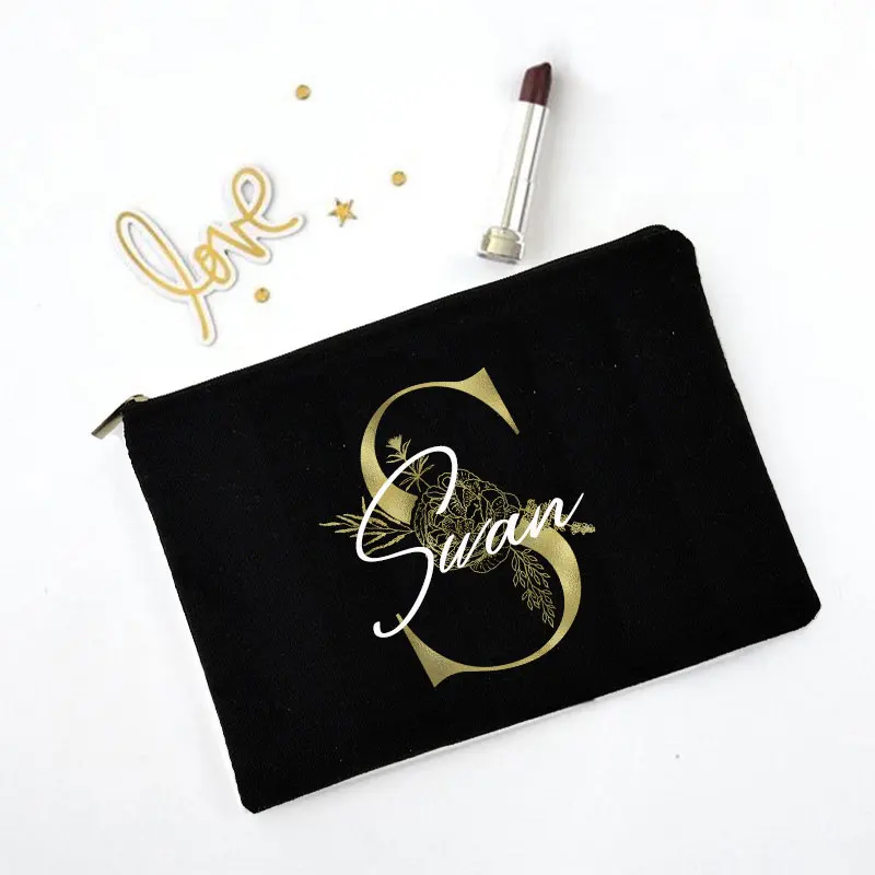 Personalized initials Makeup Bag Bridesmaid Maid of Honor Holiday Canvas Monogram Cosmetic Pouch Wedding Bachelorette Party Gift