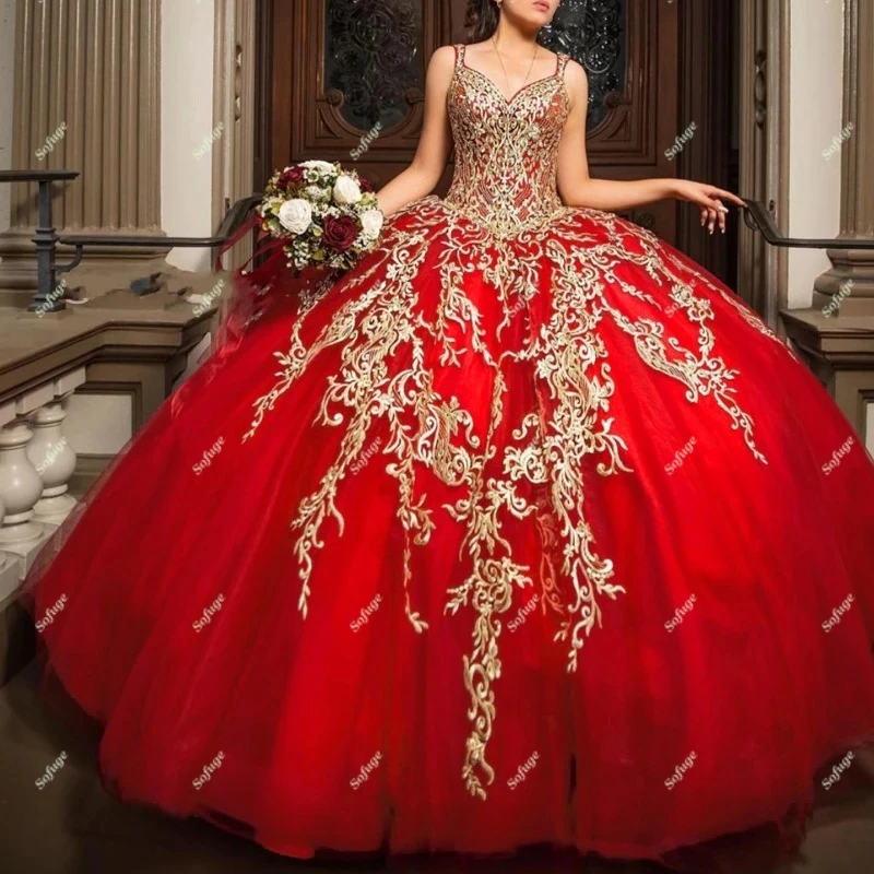 

Red Tulle Appliques Ball Gown Puffy Pleat Quinceanera Dresses Corset Back Vestido 15 Anos Festa Graduation Plus Size