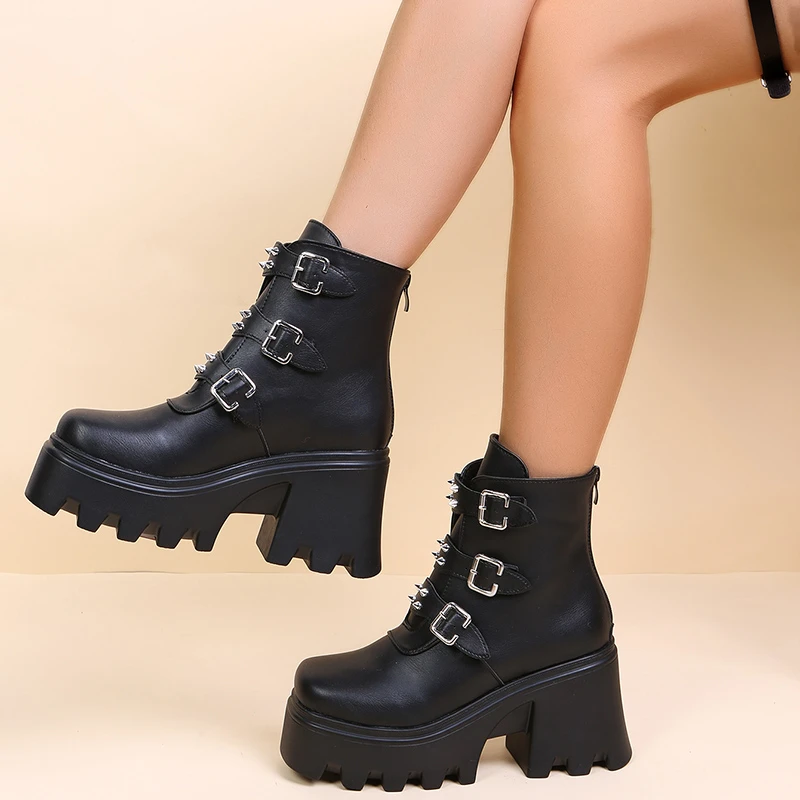 

Rivet Buckle Boots Women 2022 New Platform High Heeks Ankle Motorcycle Women's Boots Wedges Goth Back Zipper Women Shoes Boots