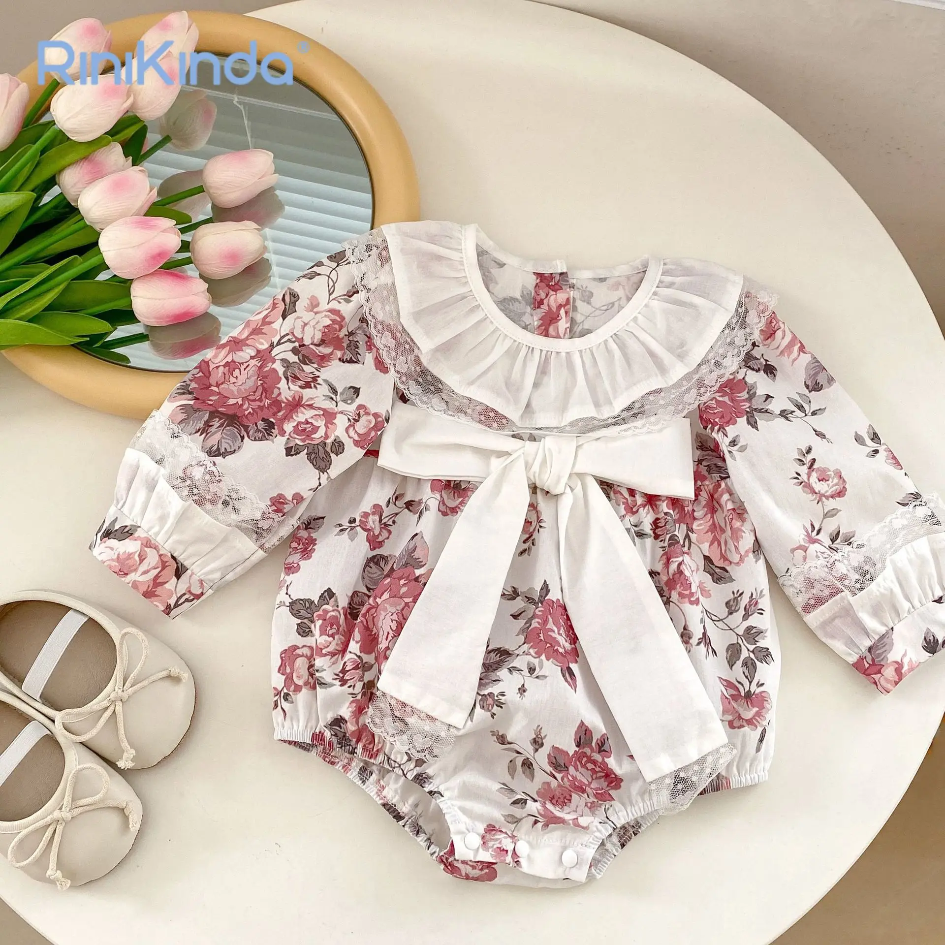 

2023 Baby Autumn Clothing Newborn Kids Lace Romper Dress Floral Jumpsuit Big Bowknot Baby Sweet Girl Clothes