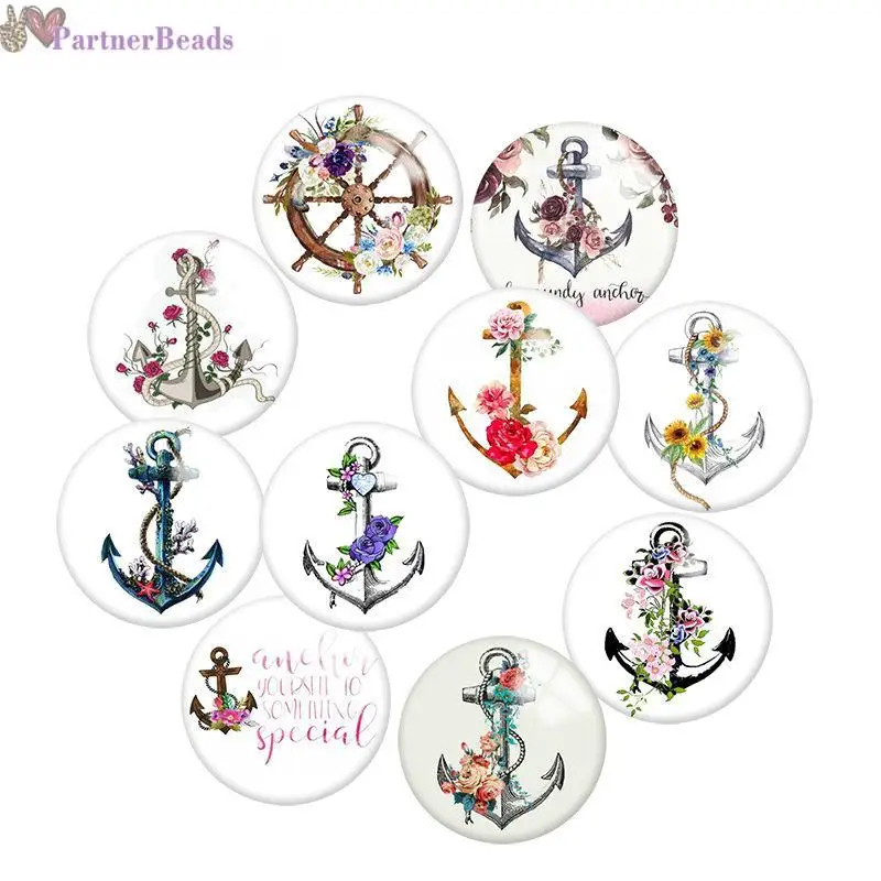 

Fashion NAVY Anchor flower Round Photo Glass Cabochon Demo Flat Back Making Findings 20mm Snap Button N2361