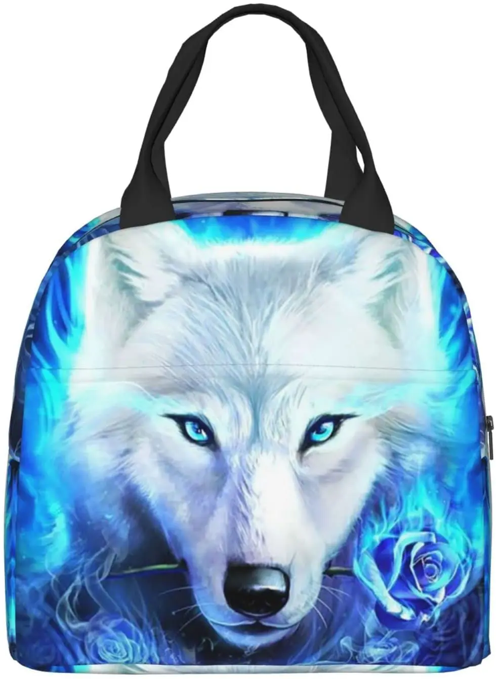 

Blue Fire Rose Wolf Lunch Box Insulated Meal Bag Lunch Bag Reusable Snack Bag Food Container For School Work Travel Picnic