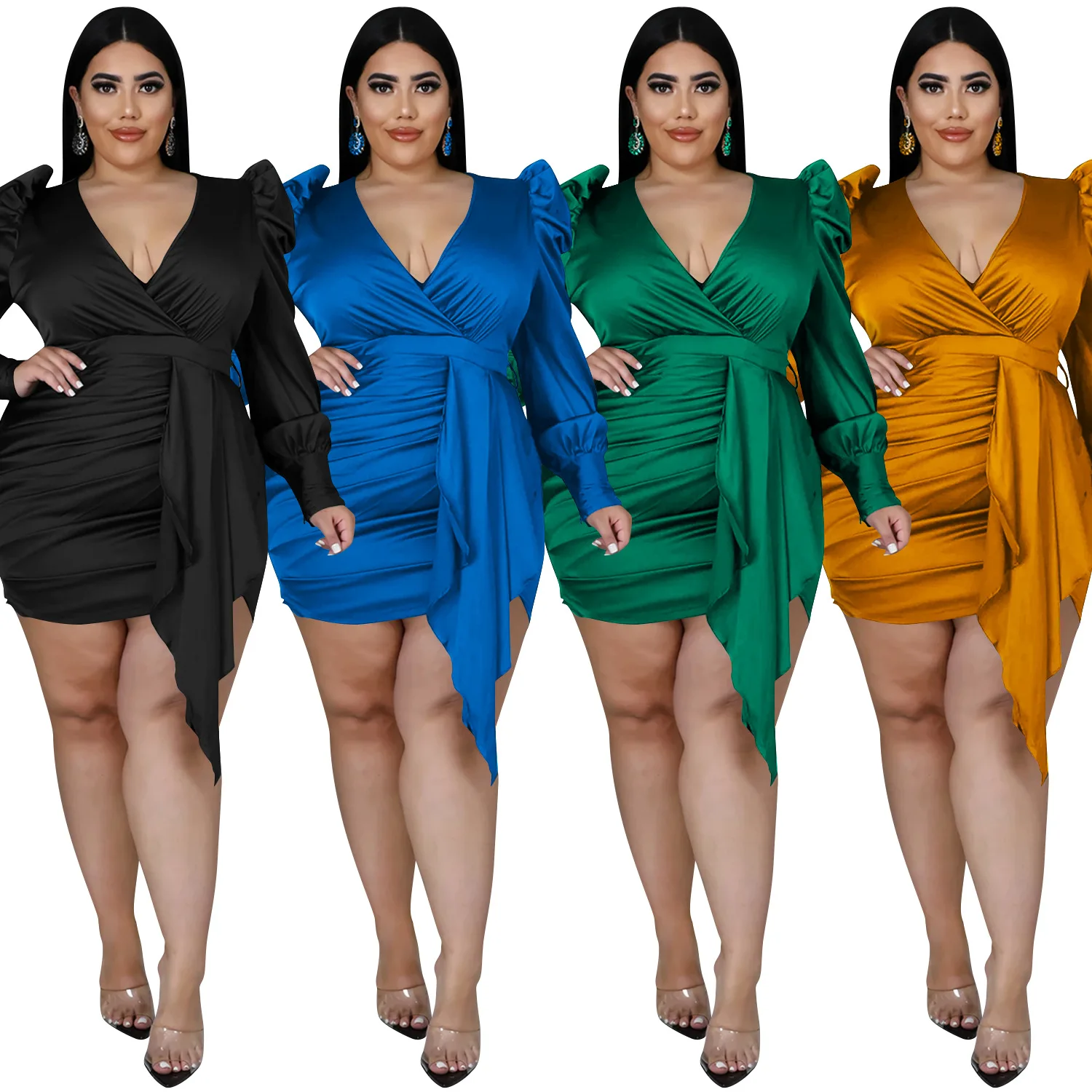 

Модное женское вечернее платье 5XL, элегантные однотонные сексуальные асимметричные облегающие мини-платья с V-образным вырезом и длинными р...