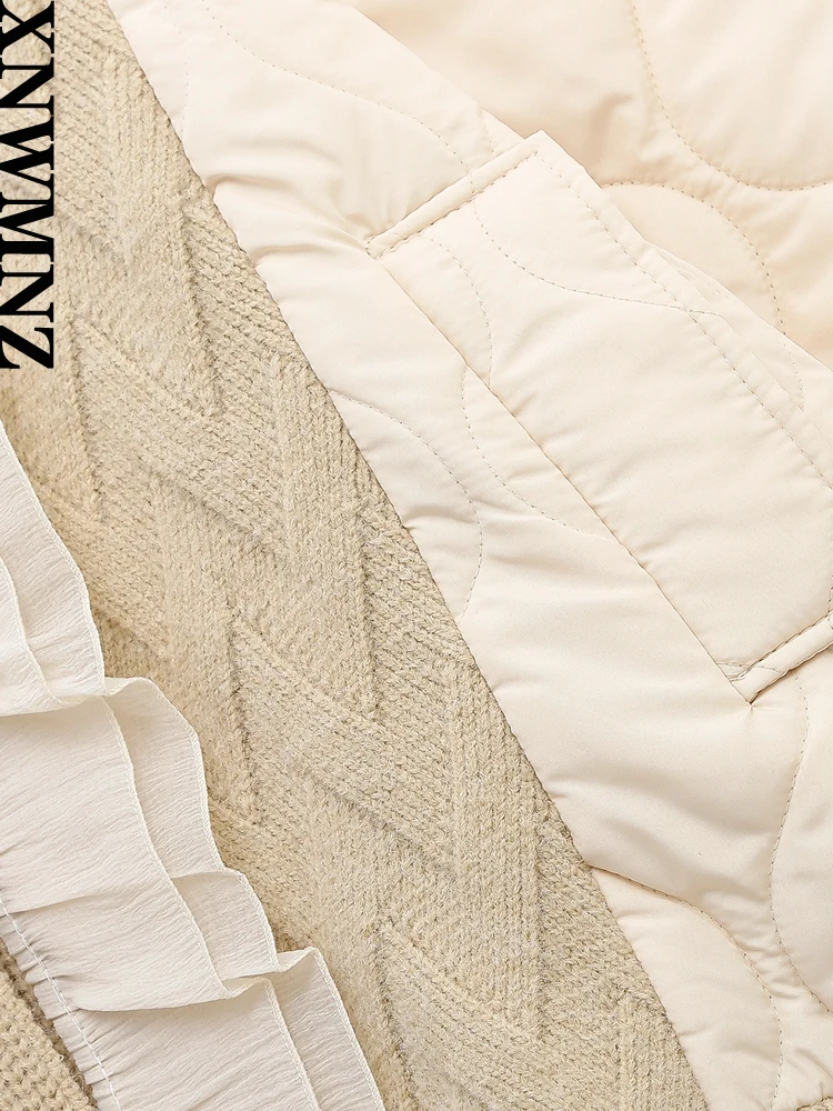 XNWMNZ Women Fashion Winter Warm Quilted Embroidery Knitted Patch Padded Jacket Coat Vintage Long Sleeve Female Chic Outerwear