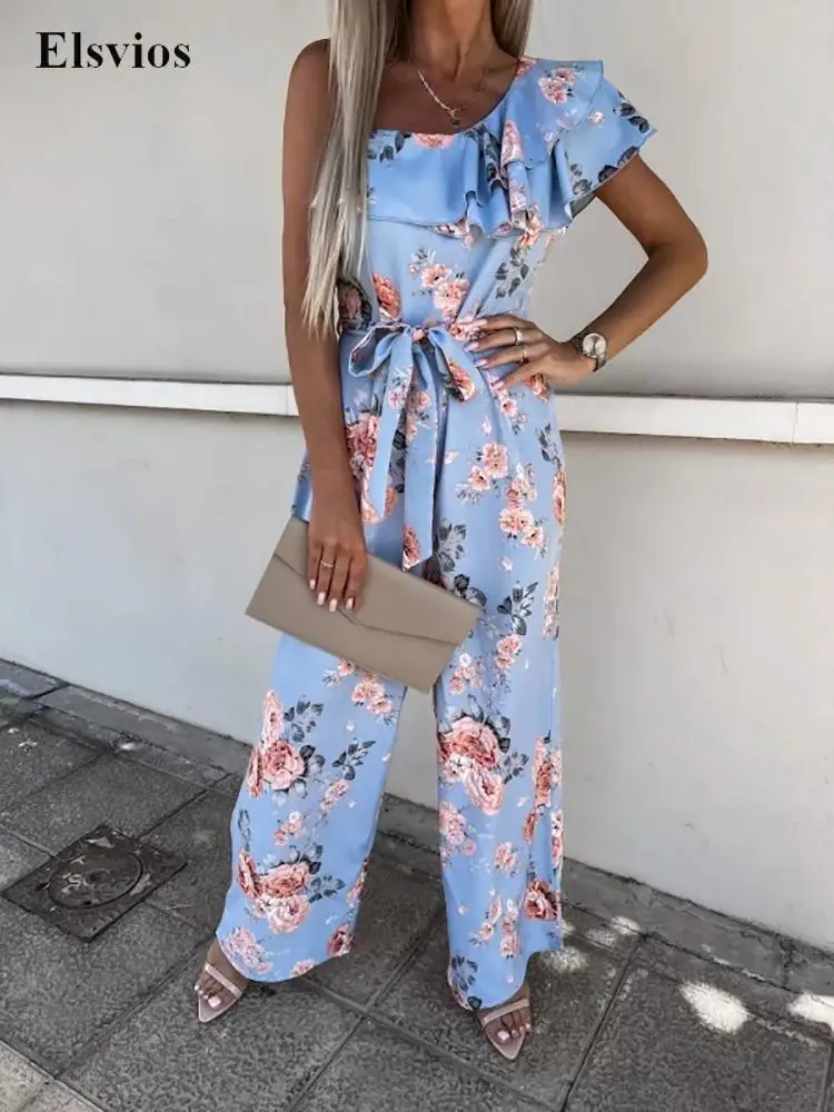 

Elegant Loose Tie-Up Ladies Jumpsuit Sexy Ruffle Off Shoulder Strap Beach Floral Romper Women Fashion Wide Leg Playsuit Overalls