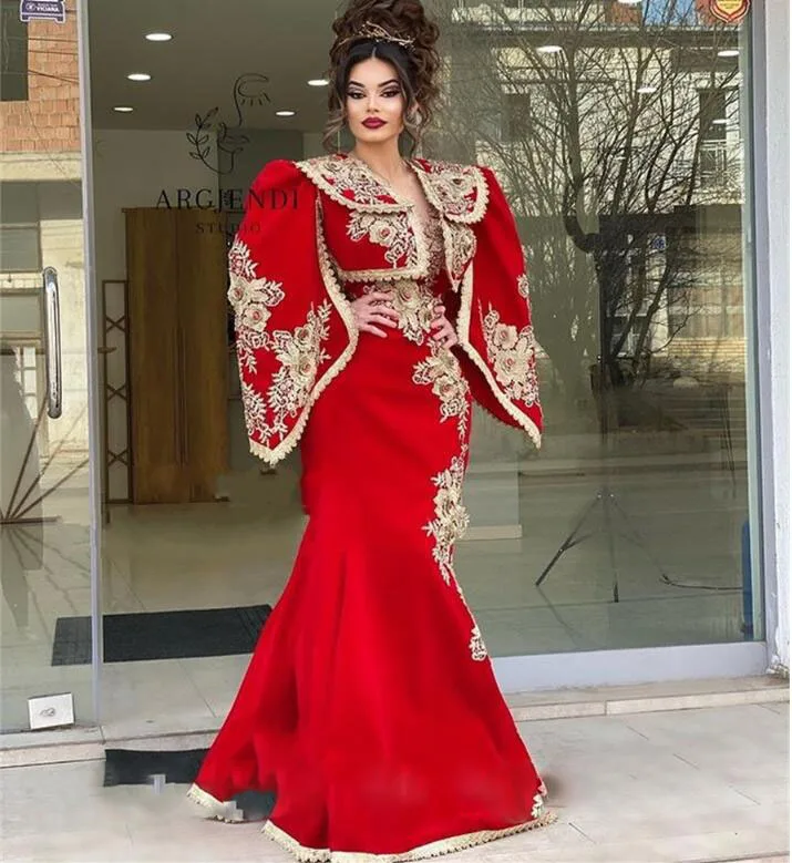 

Red Arabic Caftan Mermaid Evening Dresses Long Sleeve Applique Prom occasion Party Gowns Traditional Kosovo Vestidos