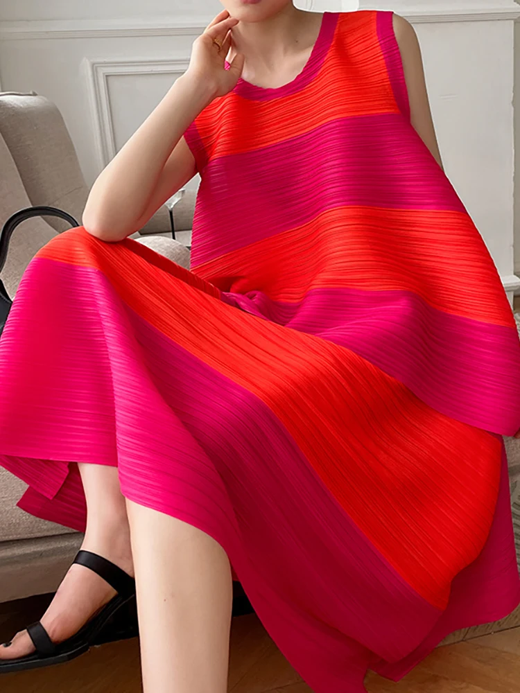Delocah High Quality Summer Women Fashion Runway Pleated Skirts Sets Sleeveless Colorblock Tops + Draped Loose Midi Skirts Suits enlarge