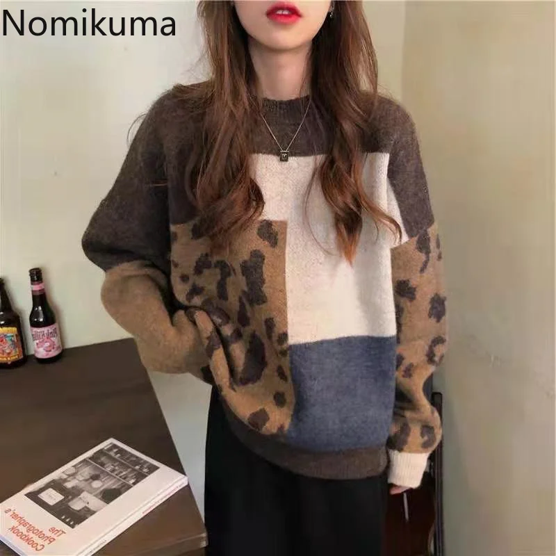 

Nomikuma Sweater Women Autumn Winter Contrast Color Patchwork Leopard Loose Pullover Women Elegant Fashion Sueters De Mujer