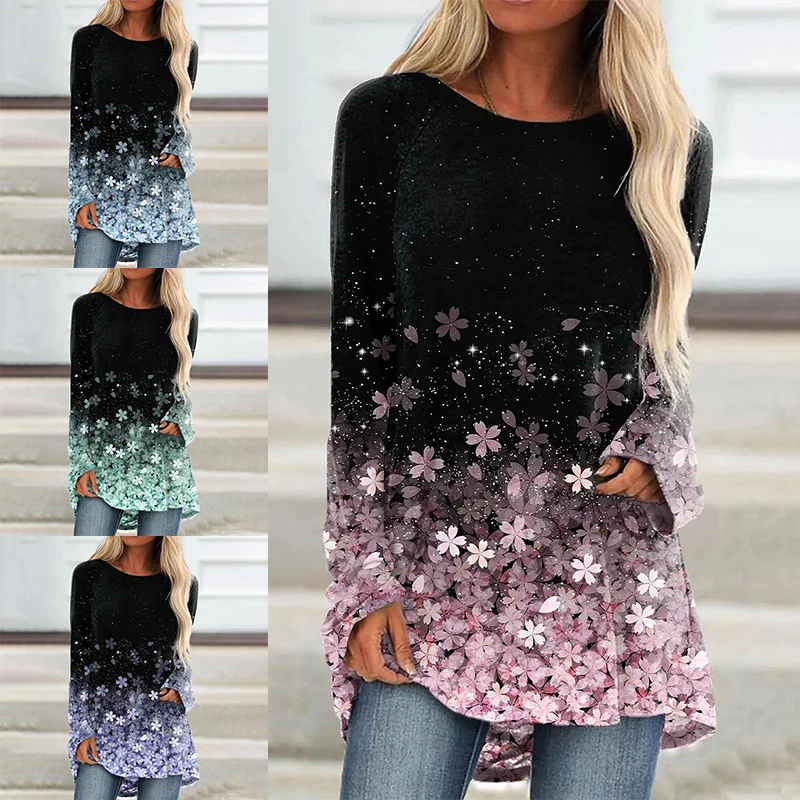

2022 Women Fashion Autumn New Loose Top Casual Printed Long Sleeve Round Neck Printed T-Shirt Tops