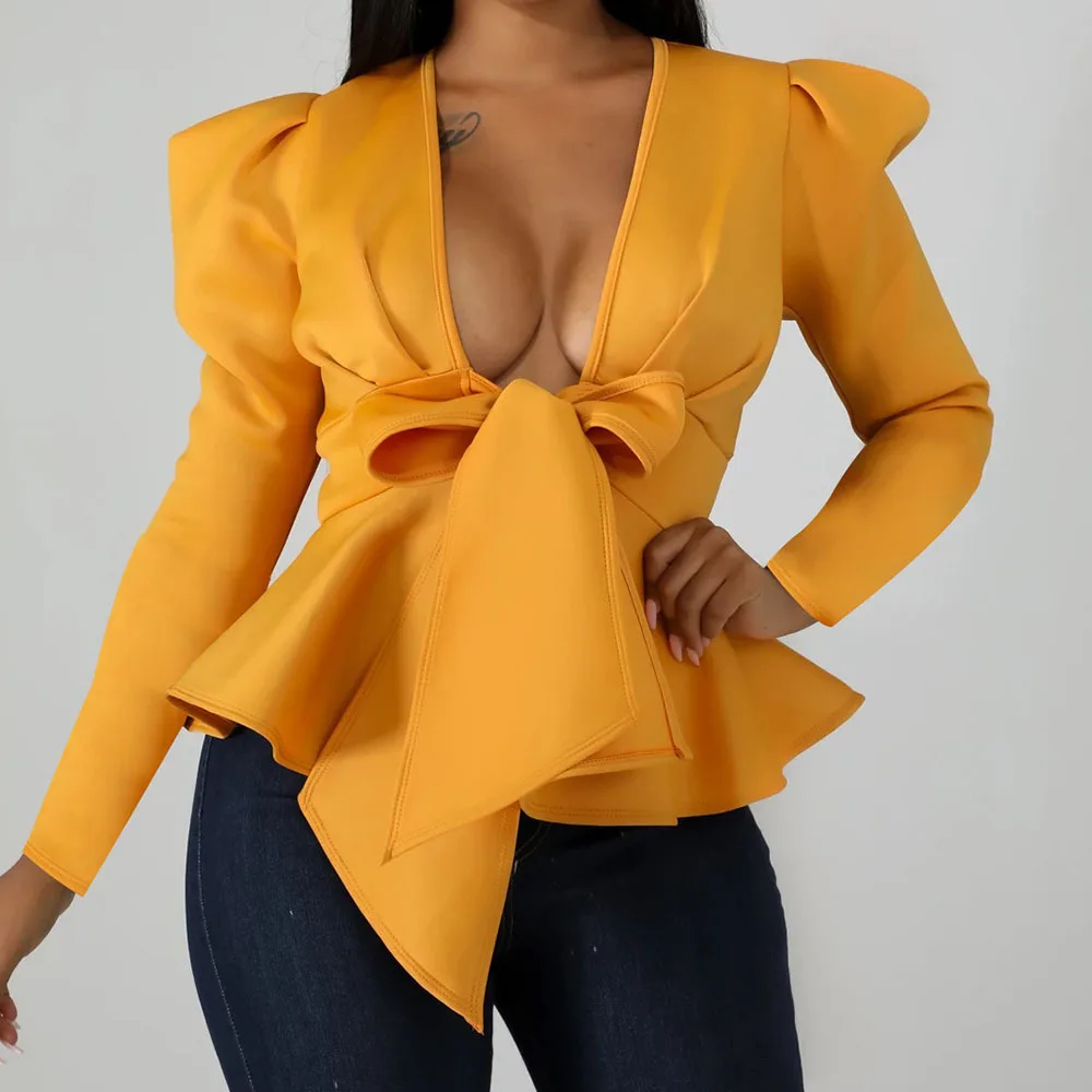 

Women V-Neck Slim Blouses Tops Shirts Long Sleeves with Waist Belt Bowtie Autumn 2022 New Fashion Lady Bluas African Female