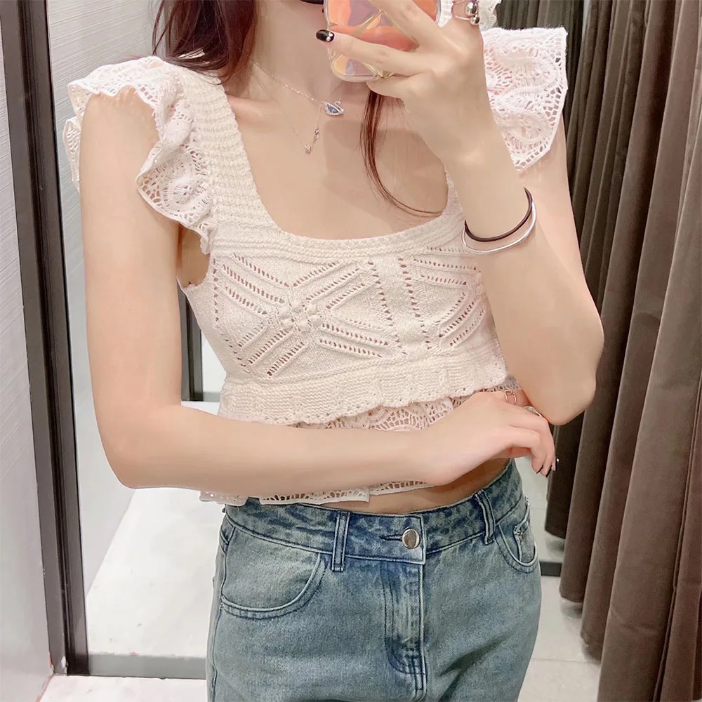 

2022 women's summer new jacquard mesh knitted top French ruffled square collar temperament all-match short vest