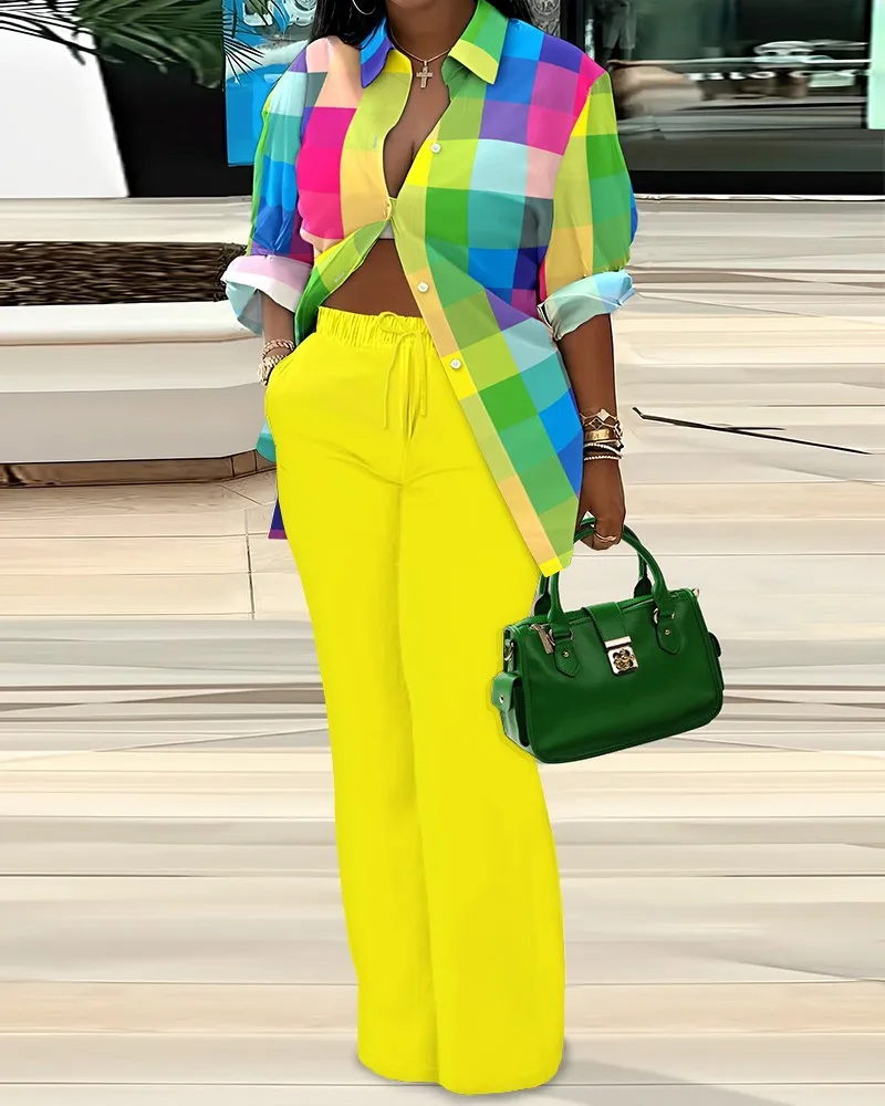 

Two Piece Set Women 2023 Autumn Fashion Print Polo Collar Long Sleeve Shirt & Drawstring Pants Set Clothes Outfits Streetwear