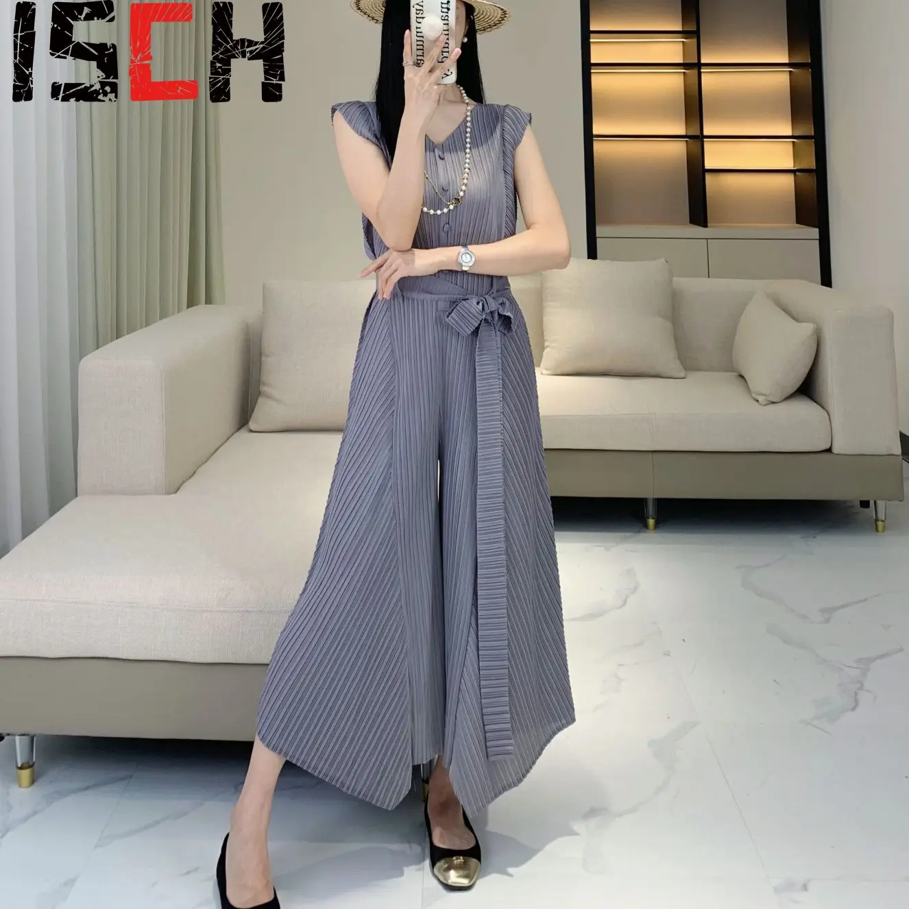 Плиссированный комбинезон в французском ретро стиле Женский Летний с высокой