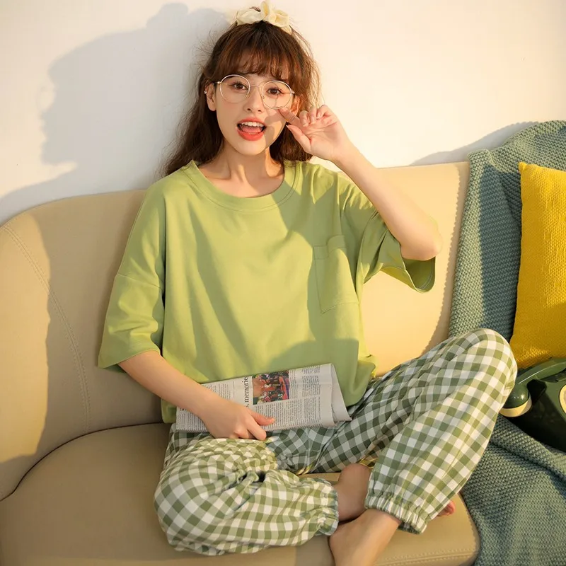 New Pajamas Cartoon Cotton Pajamas Women's Trousers Short-sleeved Summer and Spring Home Clothes Fashion Home Clothes