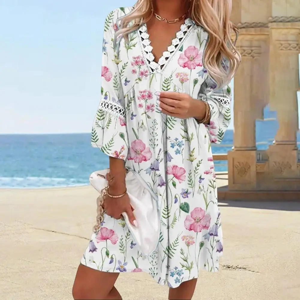 

Autumn Dress Long Sleeve V Neck 3/4 Flare Sleeve Lace Loose Hem Dress Elegant Simple Flower Pattern Party Dress Female Clothing