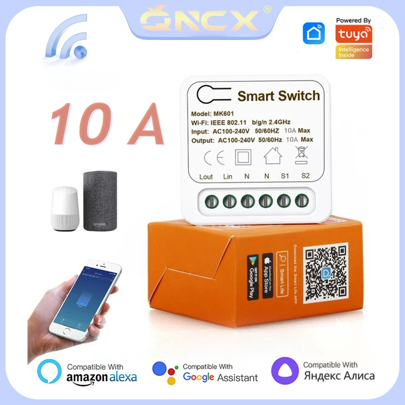 

QNCX Mini Wifi Switch Smart Tuya Light Switch Module Support 2 Way Control Smart Home DIY Universal Breaker 10A Works With Alexa
