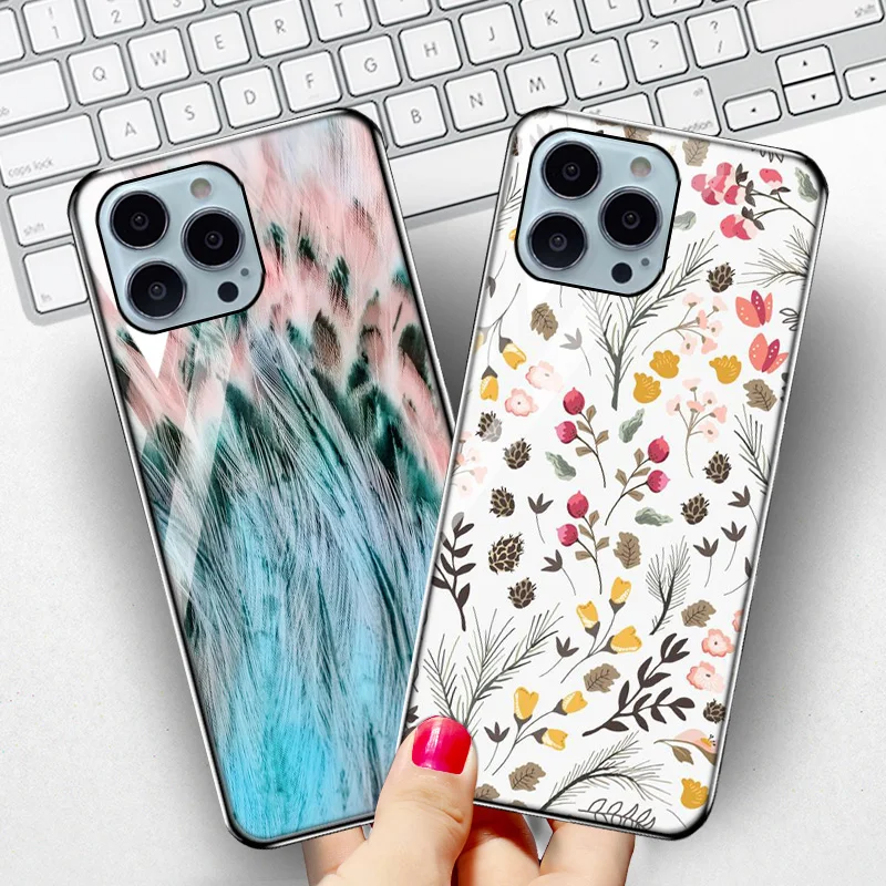 

Чехол из закаленного стекла для iPhone 13 Pro Max 11 12 Pro XS Max 13 Mini 7 8 Plus 6 6S X XR SE 2020, противоударный чехол из поликарбоната с цветами и перьями