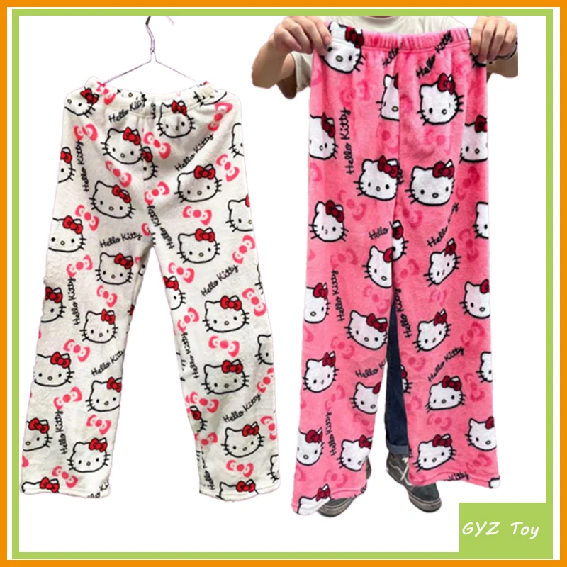 

Kawaii Hello Kitty Pajama Pants Kt Cat Women Warm Casual Pants Autumn Winter Soft Plush Trousers Coral Velvet Britches Gifts