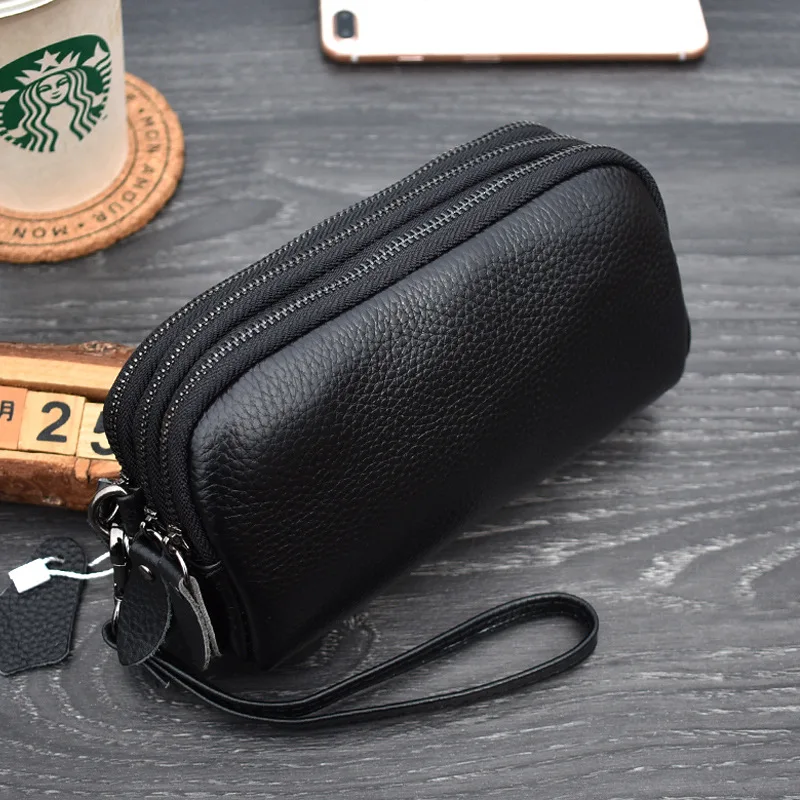 Aliwood Large-Capacity Long Women's Wallet Genuine Leather Clutch Bag 3-Layer Zipper Cowhide Phone Bags Coin Purse Embrayage Sac