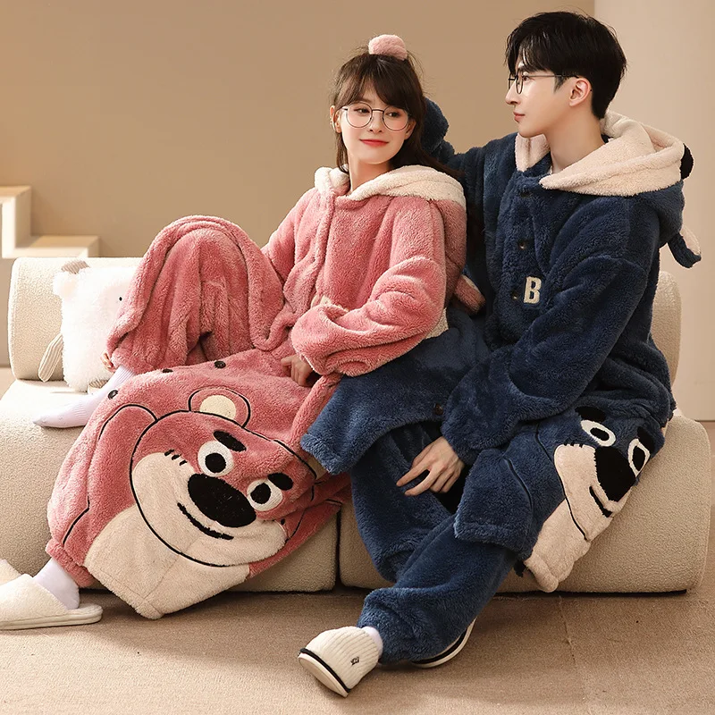 

Kawaii Disney Anime Lotso Coral Fleece Pajamas Female Winter Long Section Thickened Warm Hooded Couple Home Wear Men's Suit