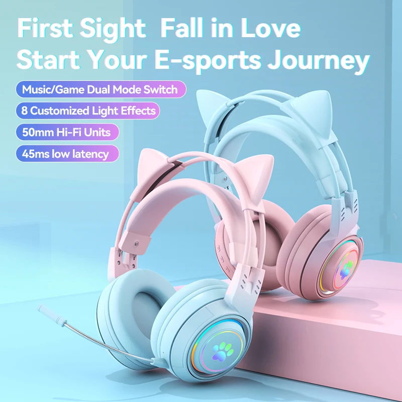 

Cute Cat Ears Wireless Headphone With Mic Control LED Kid Girl Stereo Music Helmet Phone Bluetooth Headset Gift For Music
