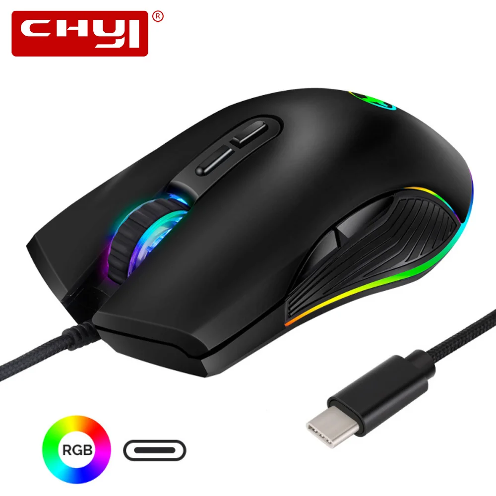 Игровая мышь CHYI, проводная игровая компьютерная мышь с RGB светильник кой, USB C, 3200 DPI, 7 кнопок, Type C Muase с ковриком для мыши для Overwatch, ПК