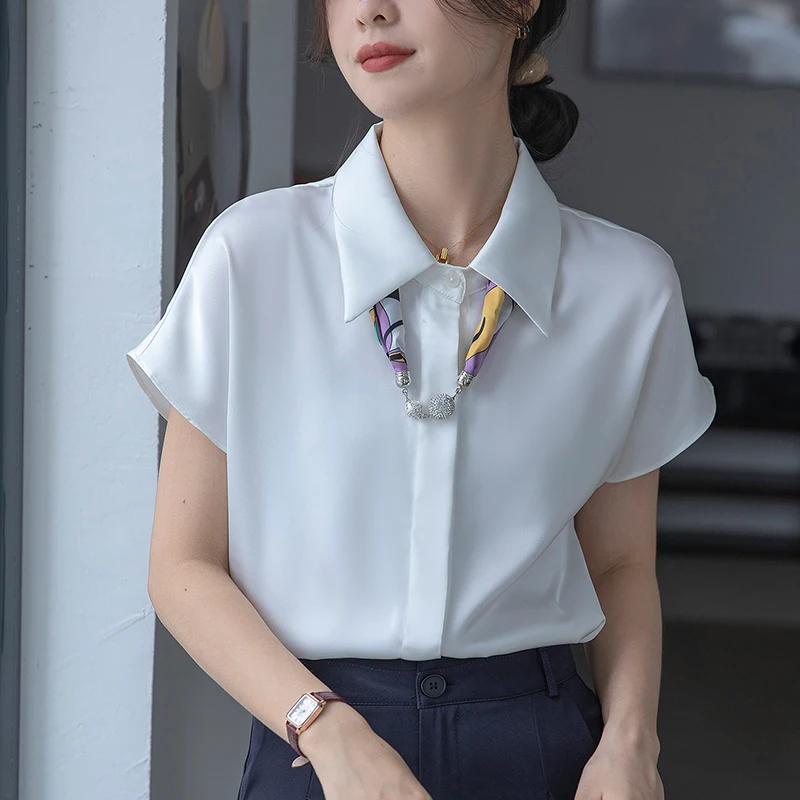

Summer Women's Short Sleeved Tie Up Lapel Fly Sleeve Solid Color Commuting Simple Chiffon Shirt Blouse Women Tops Camisas C902